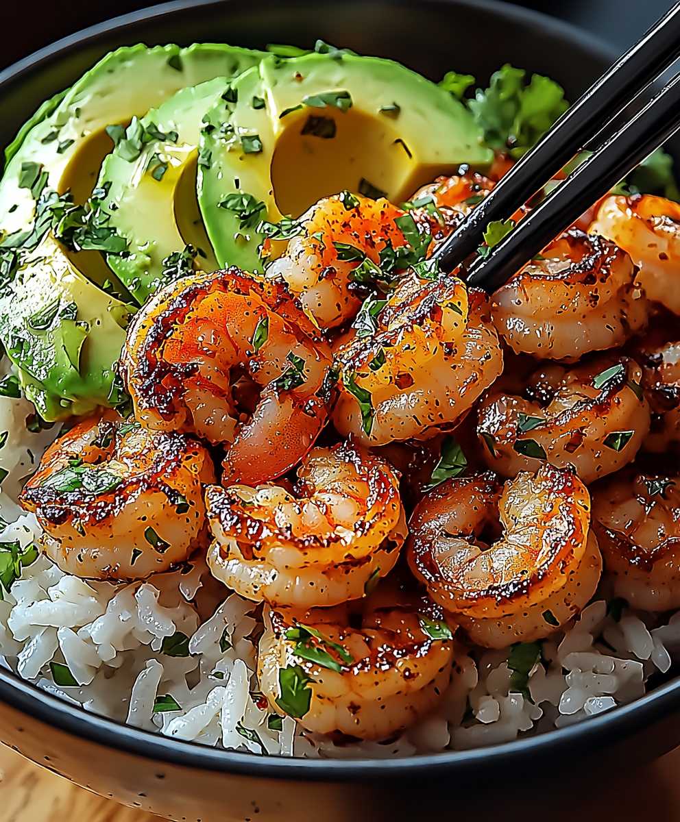 Shrimp avocado rice bowl