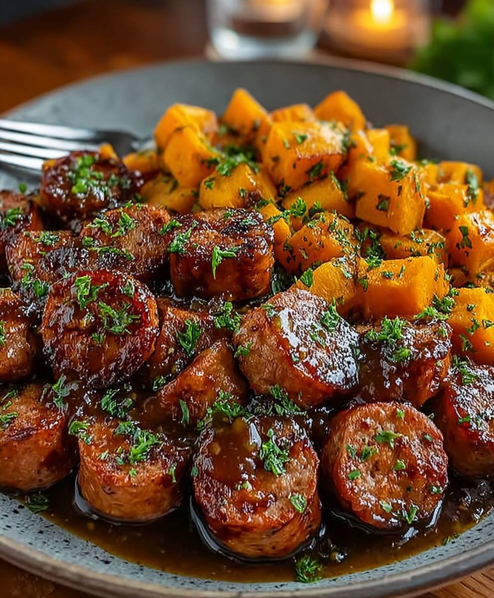 Sausage sweet potatoes honey garlic
