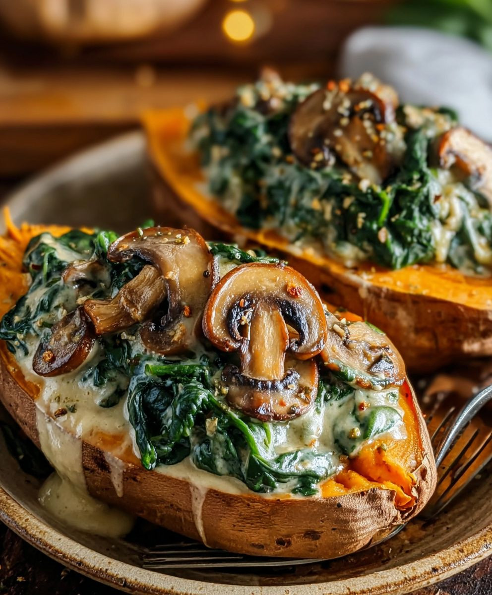 Mushroom spinach stuffed sweet potatoes