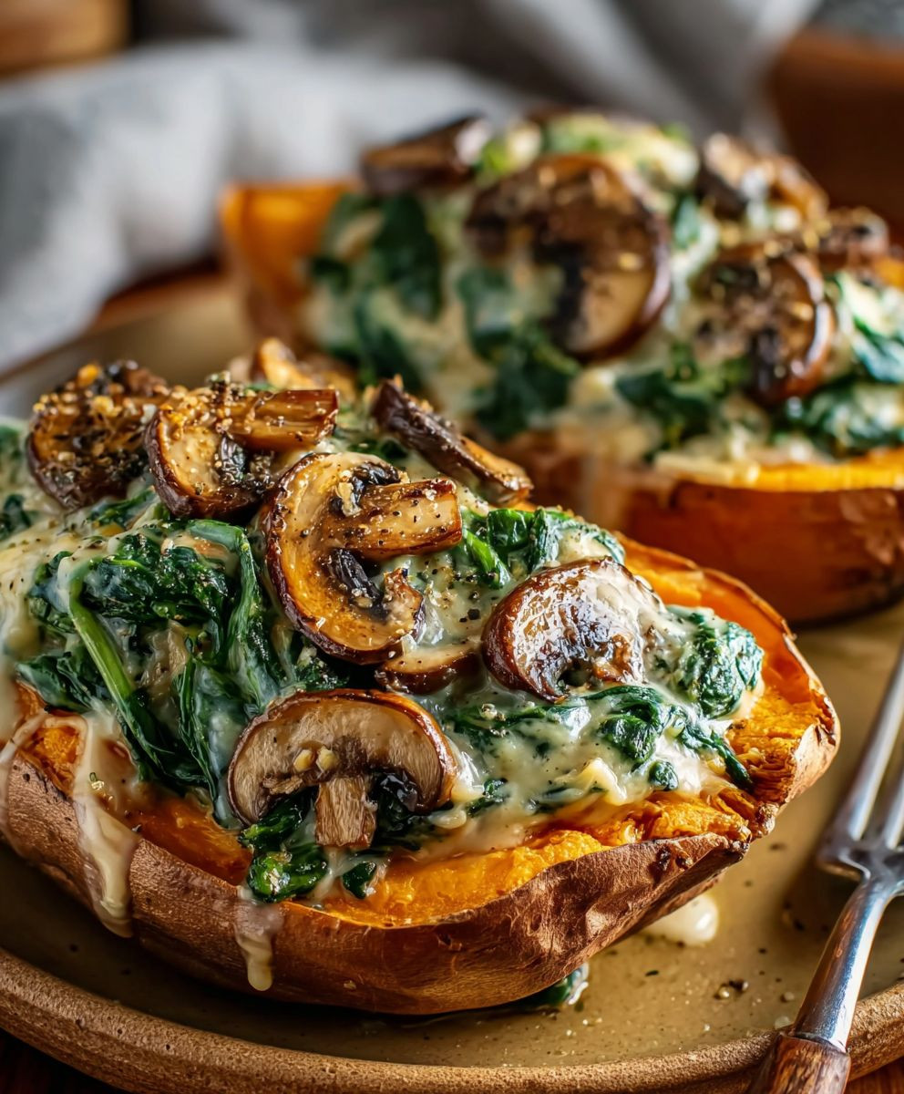 Mushroom spinach stuffed sweet potatoes