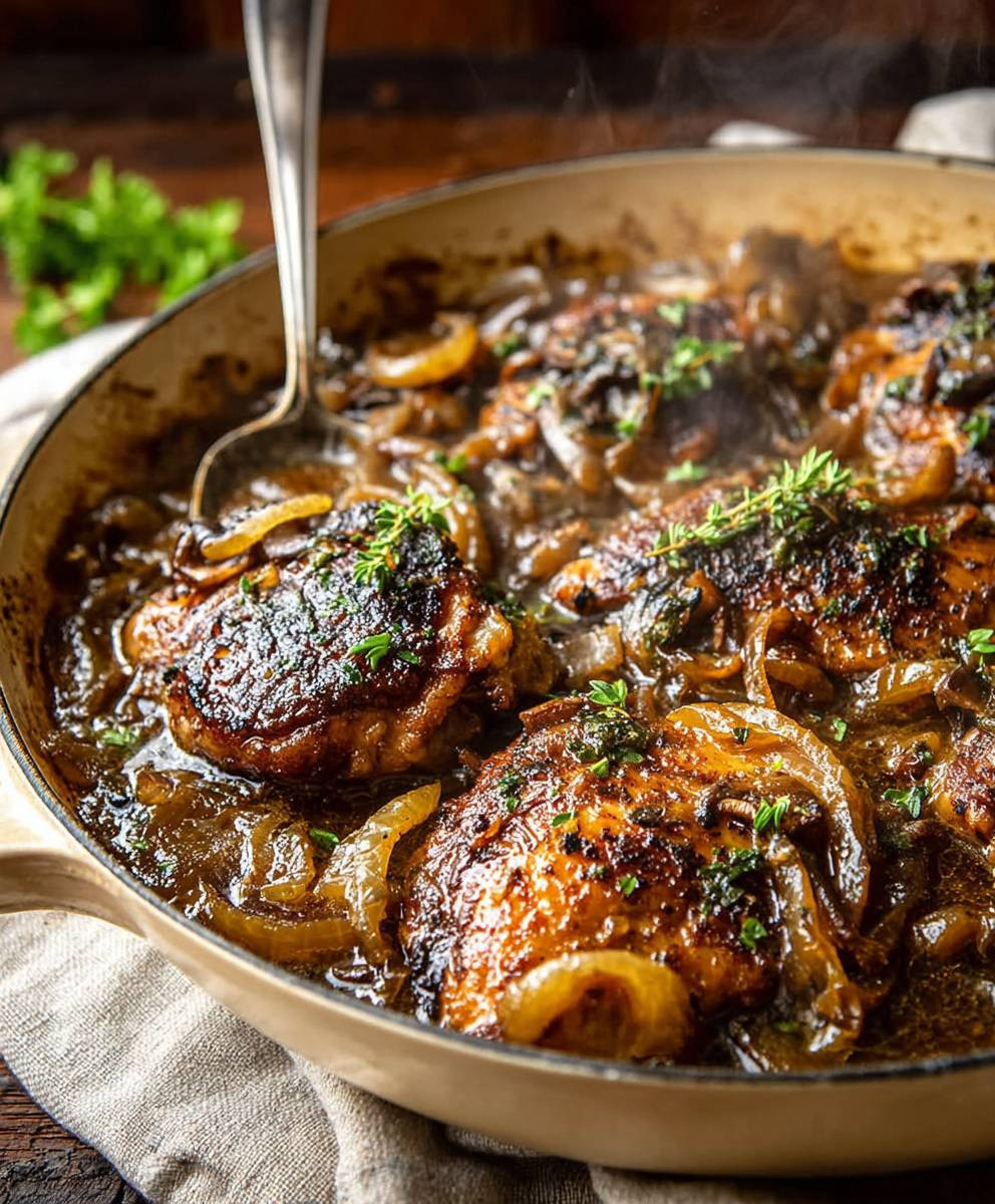 Cider braised chicken caramelized onions