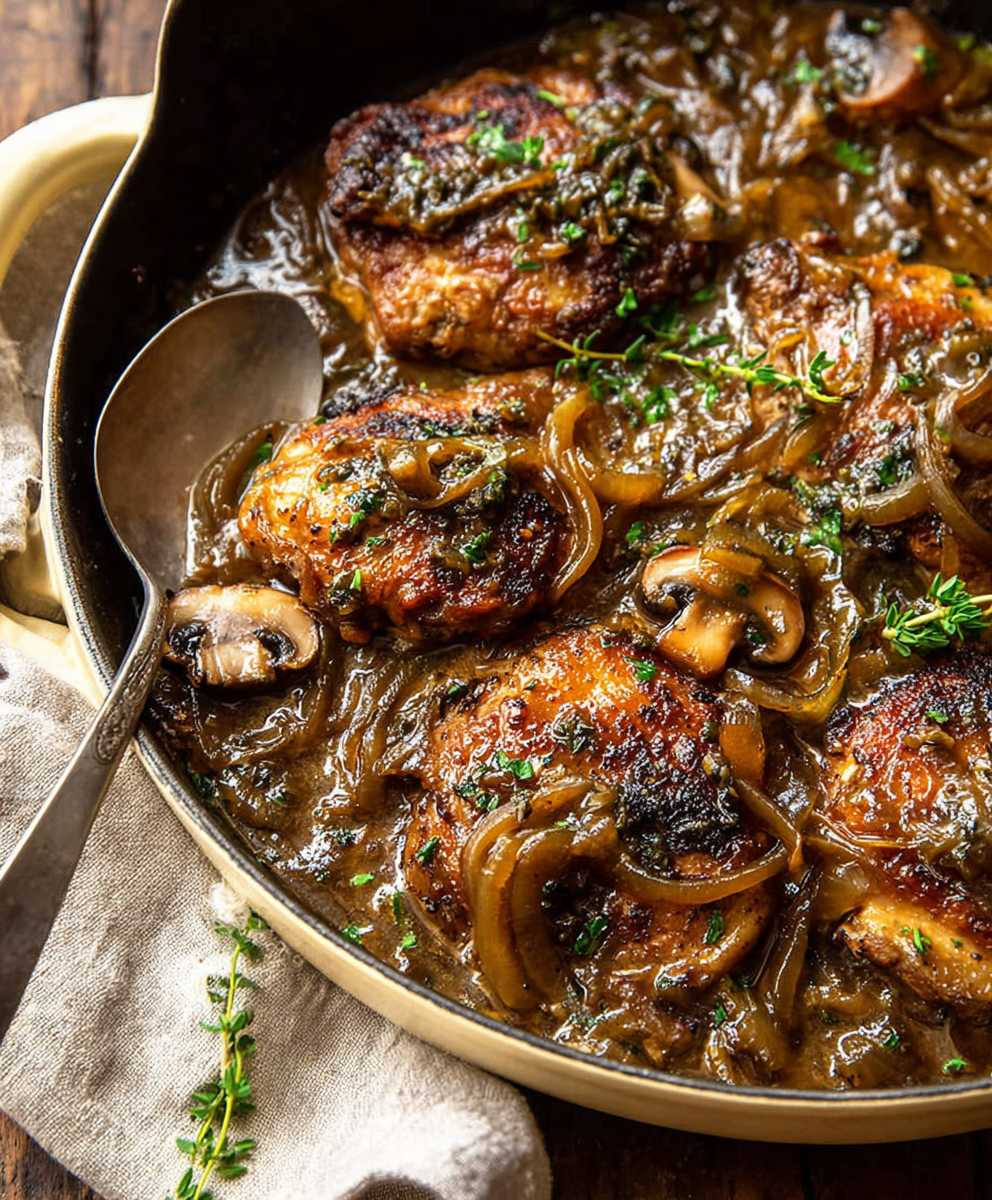 Cider braised chicken caramelized onions