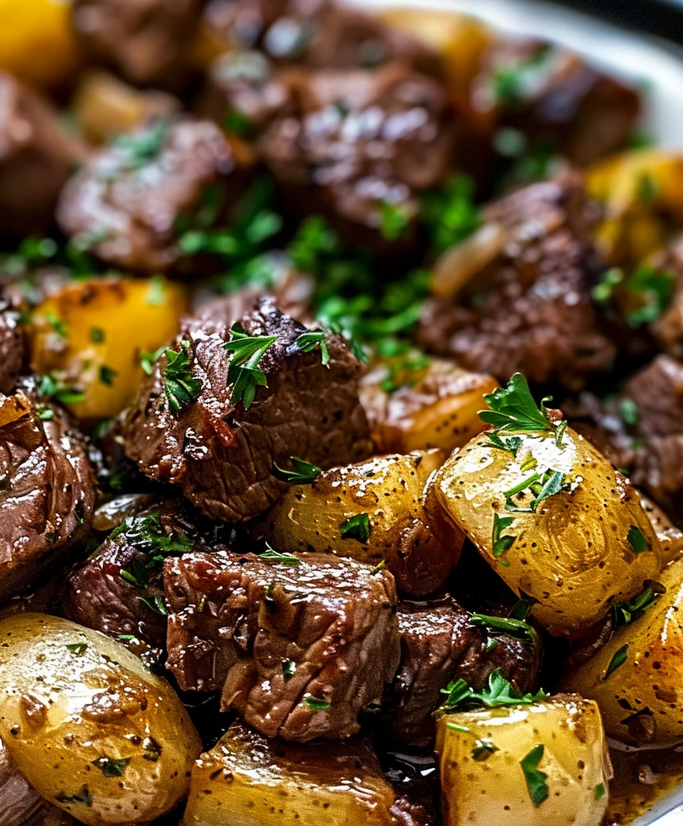 Easy Slow Cooker Garlic Butter Beef Bites & Potatoes