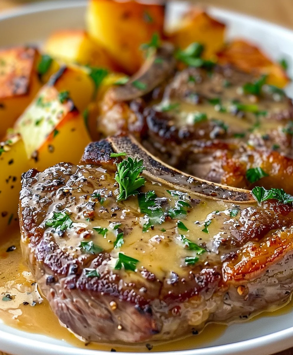 Garlic Butter Pork Chops With Cheesy Potato Bake