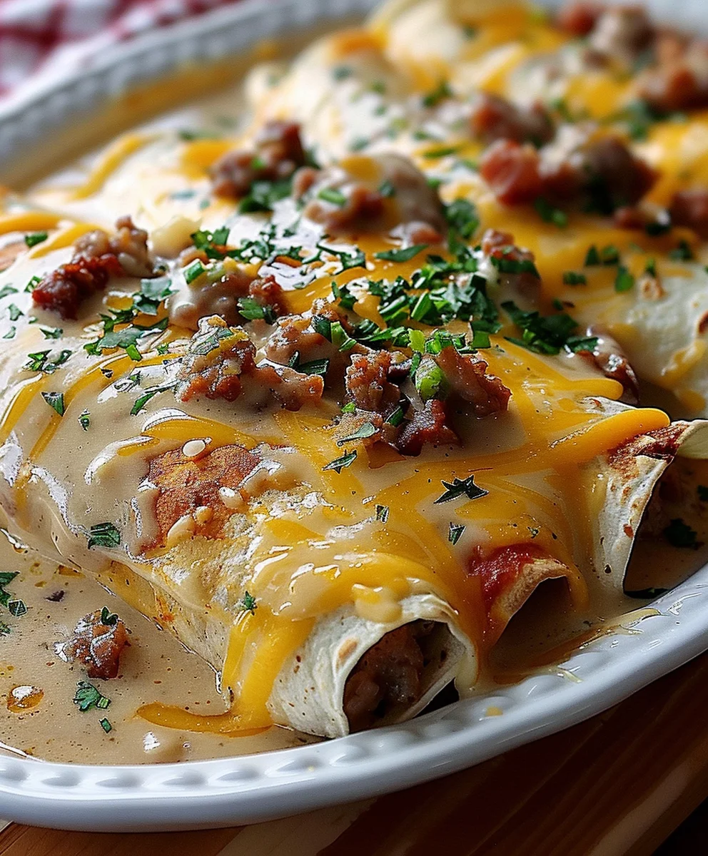 Amazing Southern Beef Sausage Gravy Breakfast Enchiladas