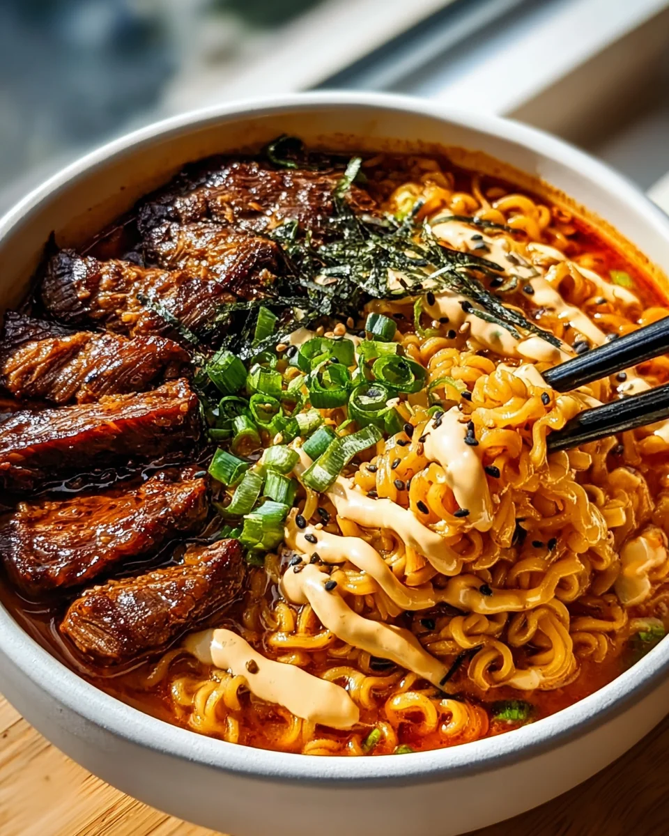 Spicy Korean Ramen with Grilled Beef & Creamy Sauce