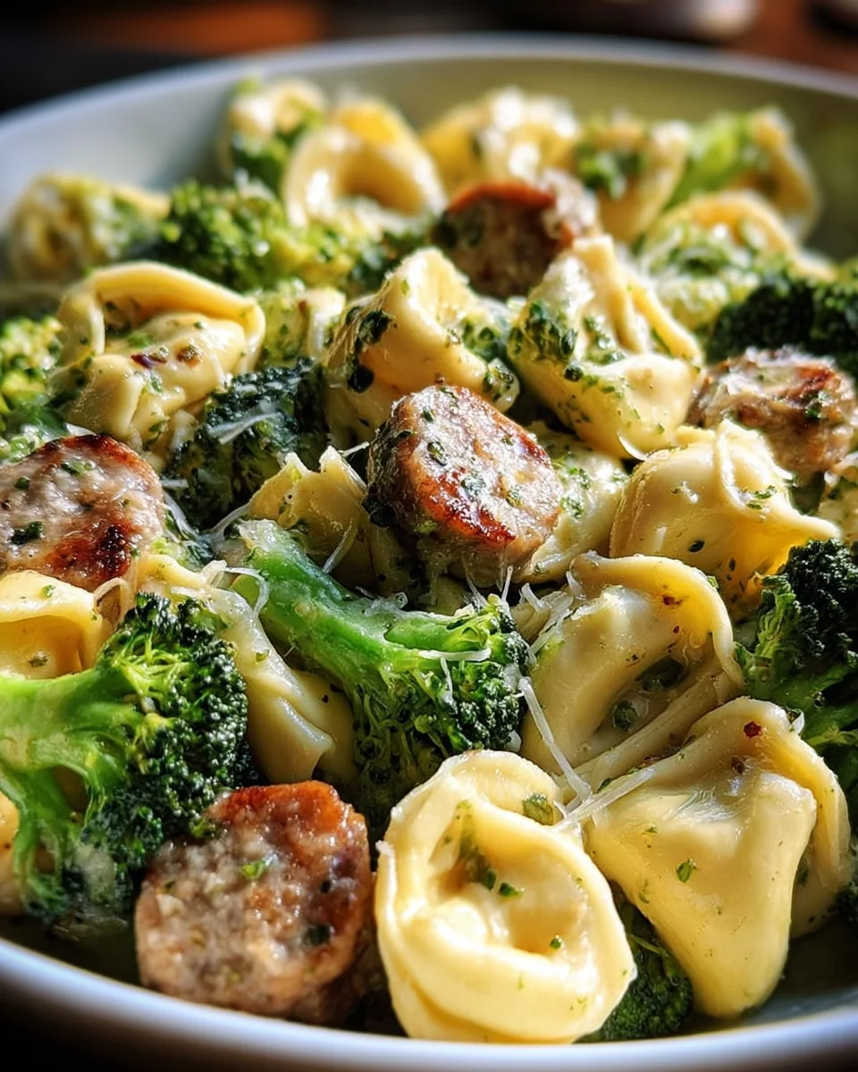 Creamy Garlic Parm Tortellini with Beef Sausage & Broccoli