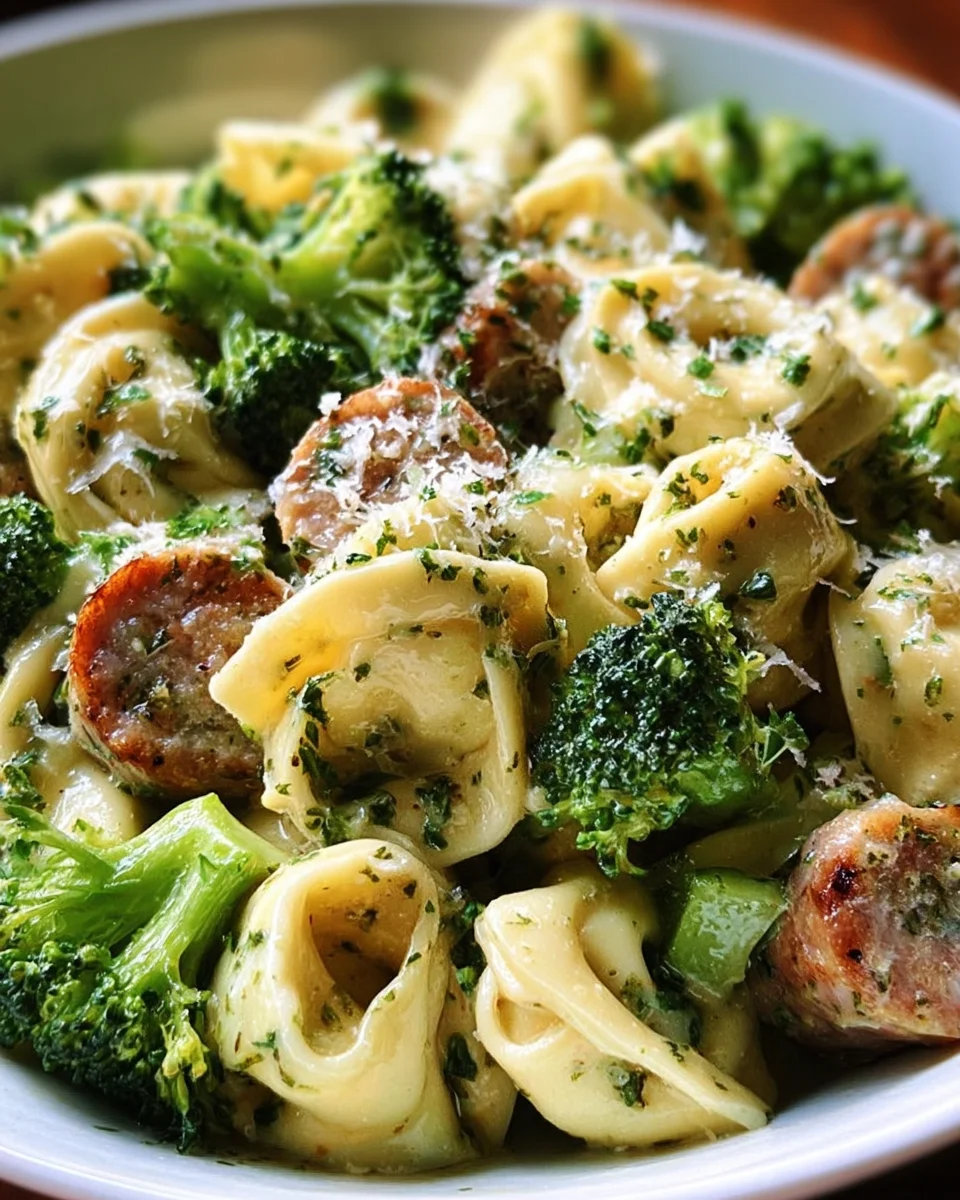 Creamy Garlic Parm Tortellini with Beef Sausage & Broccoli