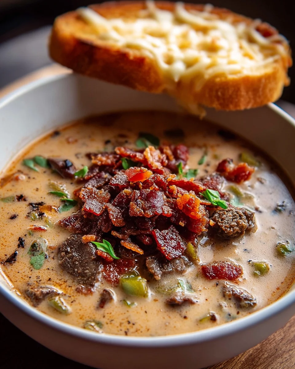 One Pot Philly Cheesesteak Soup with Beef Bacon & Cheesy Toast