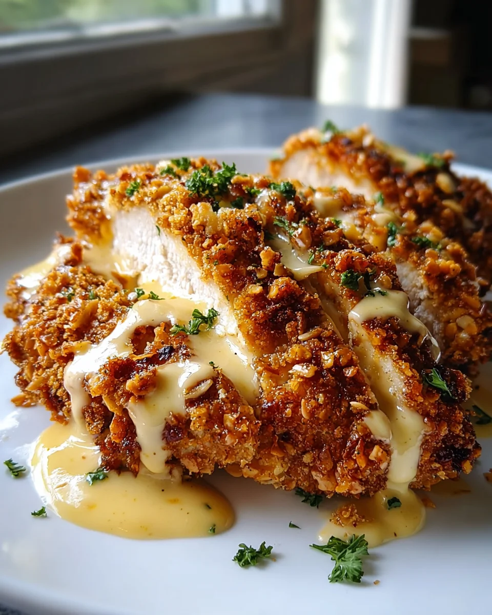 Crispy Pretzel Chicken & Tangy Mustard Cheddar Sauce