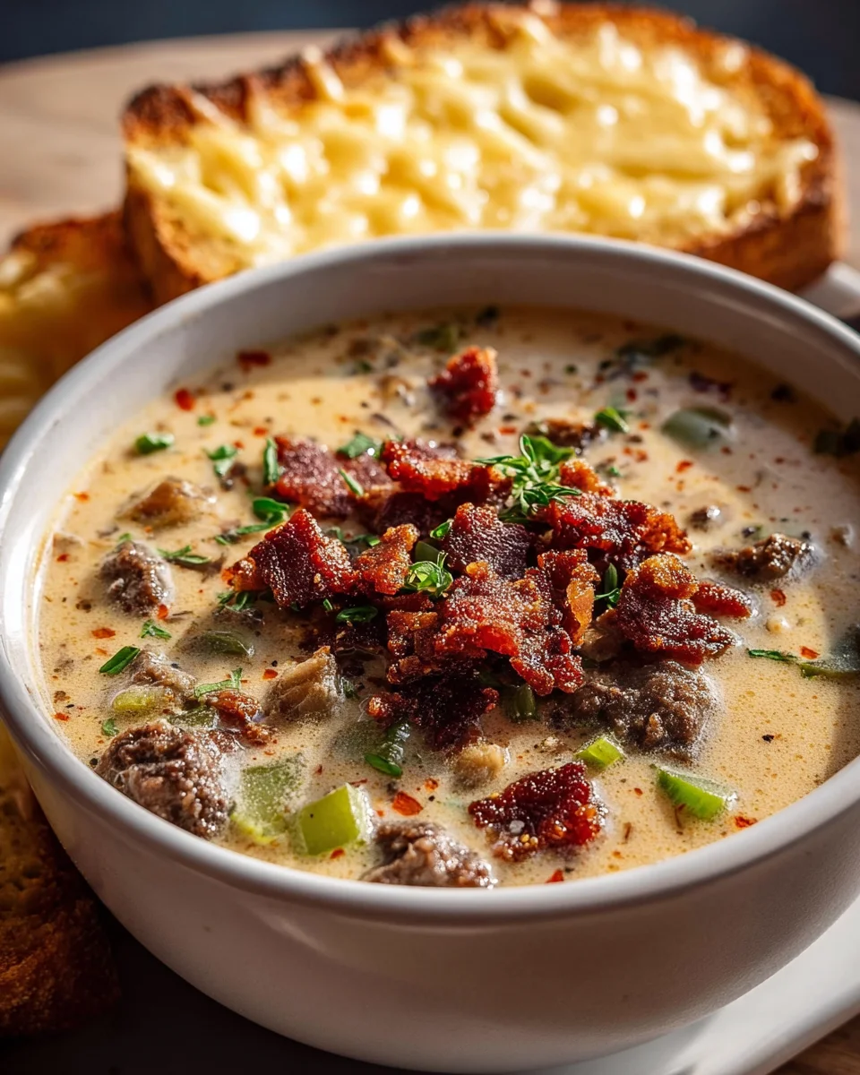 One Pot Philly Cheesesteak Soup with Beef Bacon & Cheesy Toast