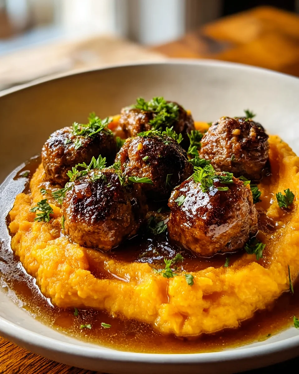 Savory Beef Meatballs with Sweet Potato Mash & Maple Sauce
