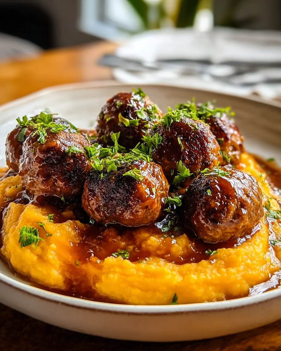 Savory Beef Meatballs with Sweet Potato Mash & Maple Sauce