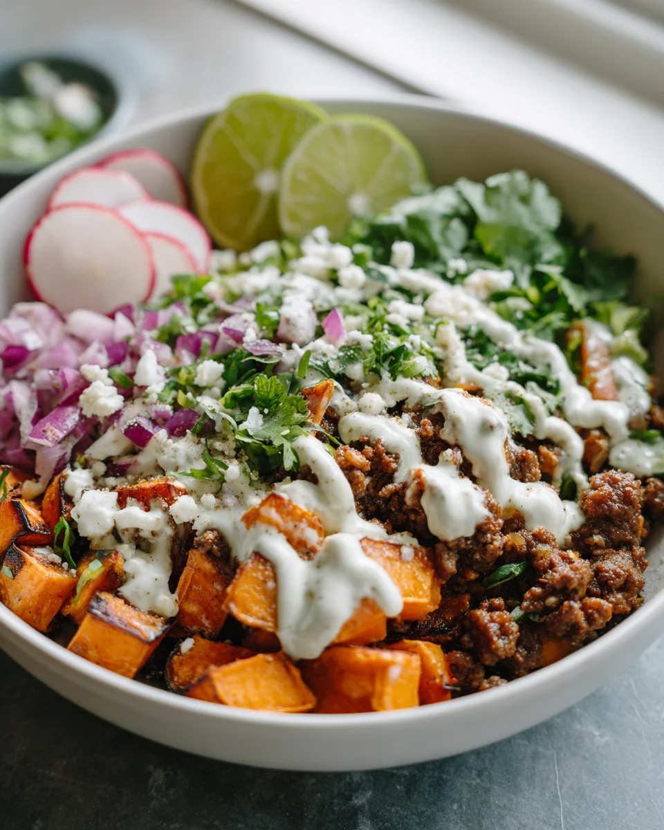 Ground Beef Sweet Potato Taco Bowl with Zesty Lime Crema