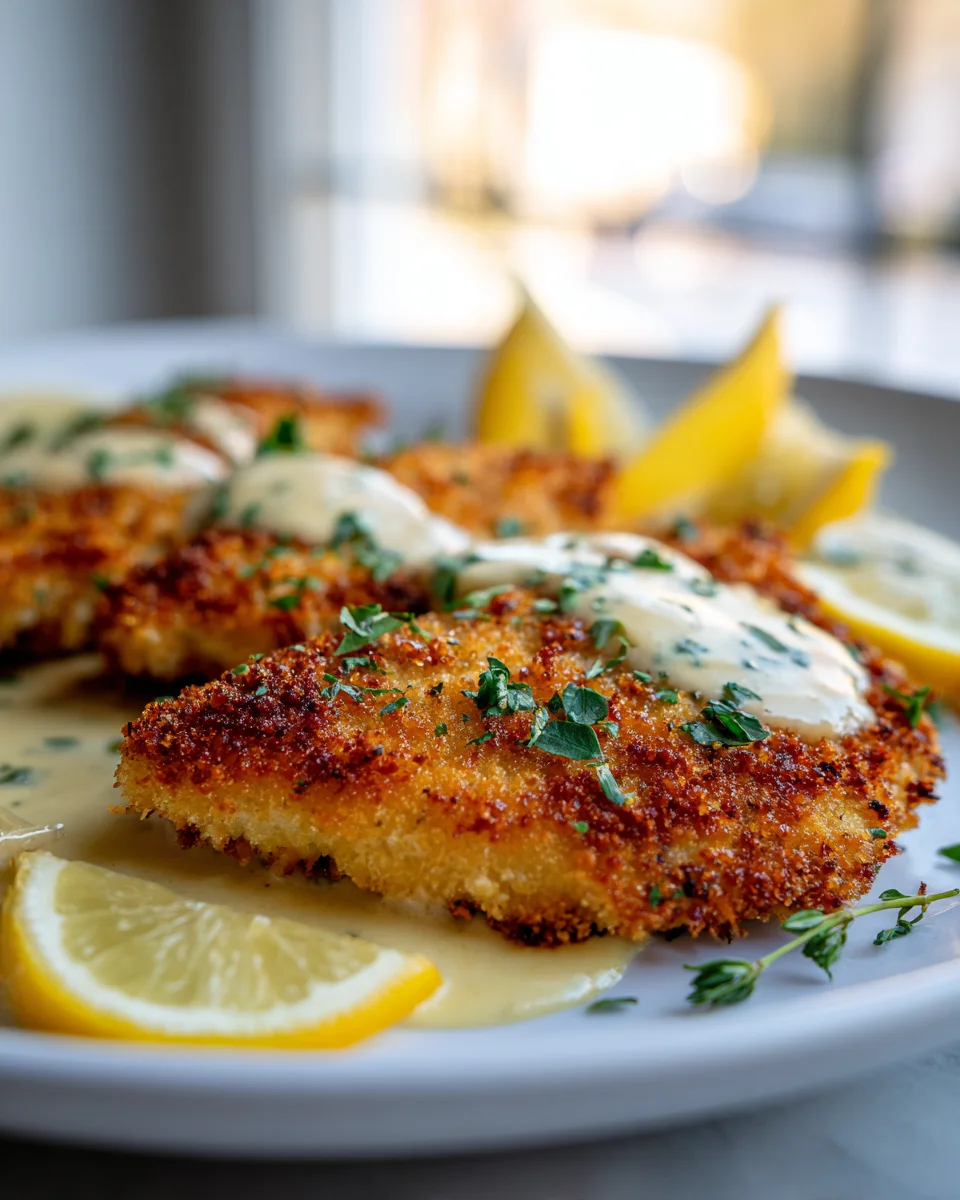 Delicious Crispy Lemon Herb Chicken Cutlets & Dijon Sauce