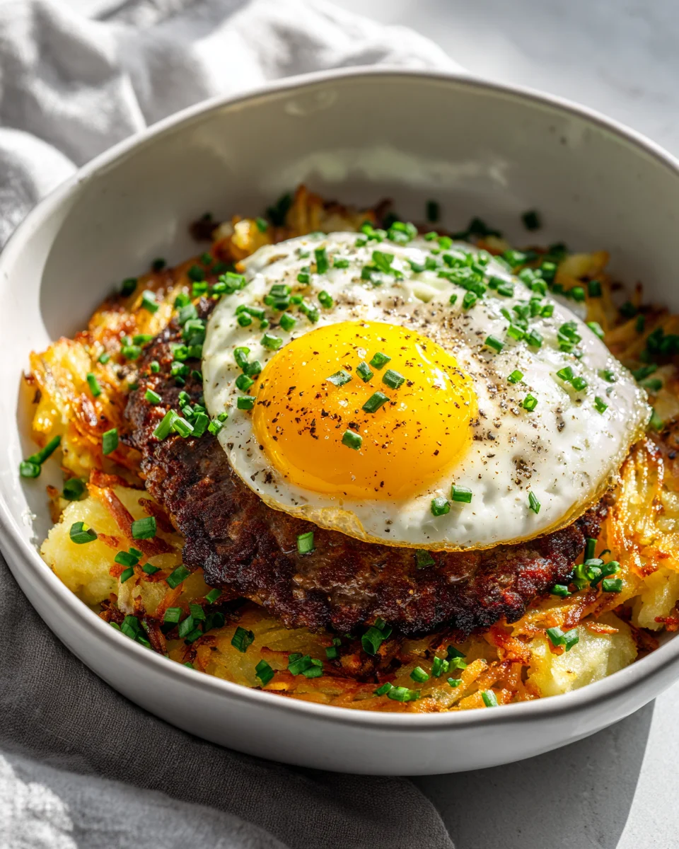 Breakfast Burger Bowl: Beef, Fried Egg & Crispy Hash Browns!
