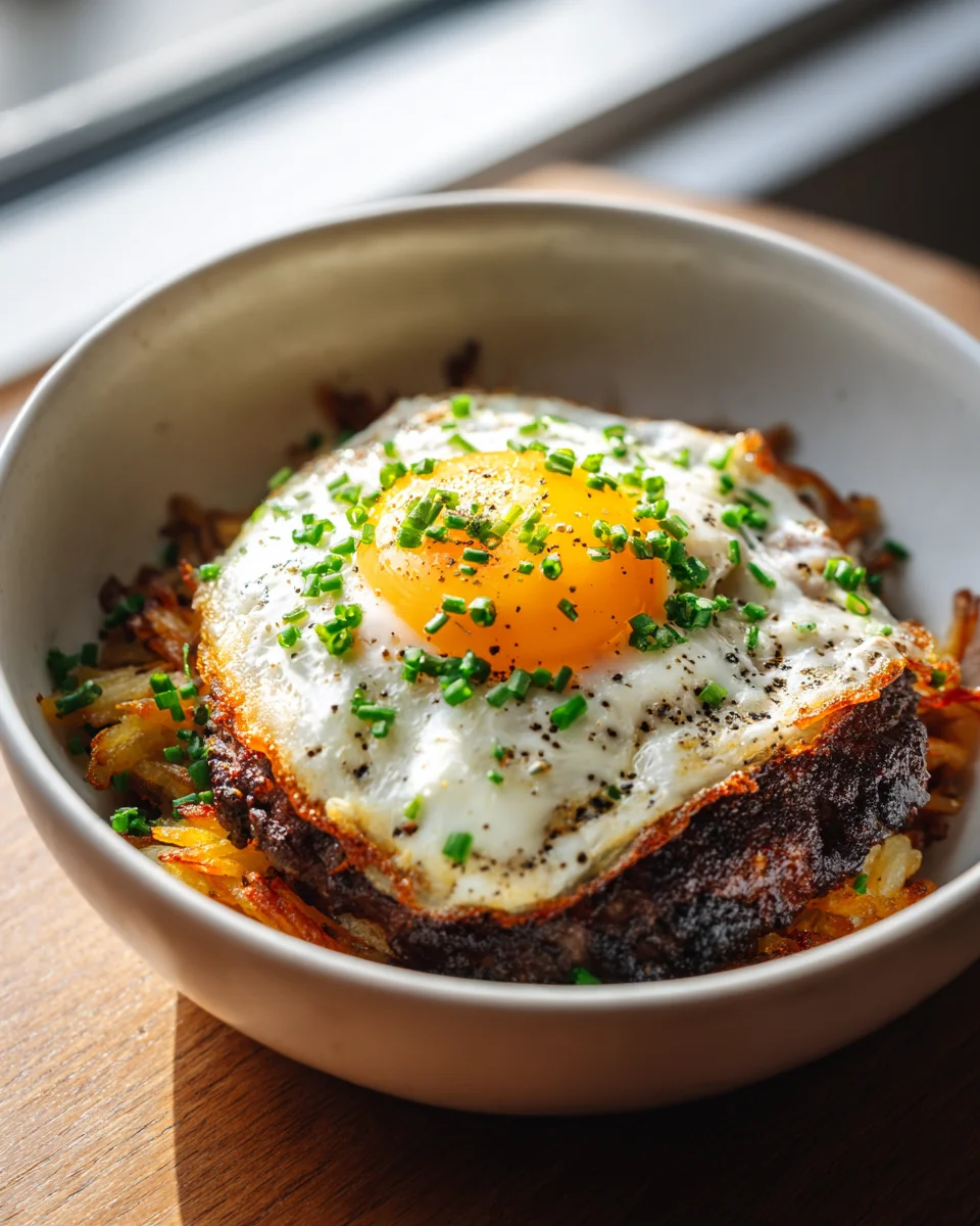 Breakfast Burger Bowl: Beef, Fried Egg & Crispy Hash Browns!