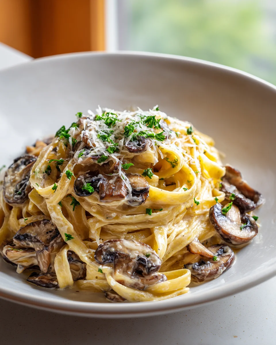 Garlic Mushroom Fettuccine Alfredo Recipe - Quick & Creamy