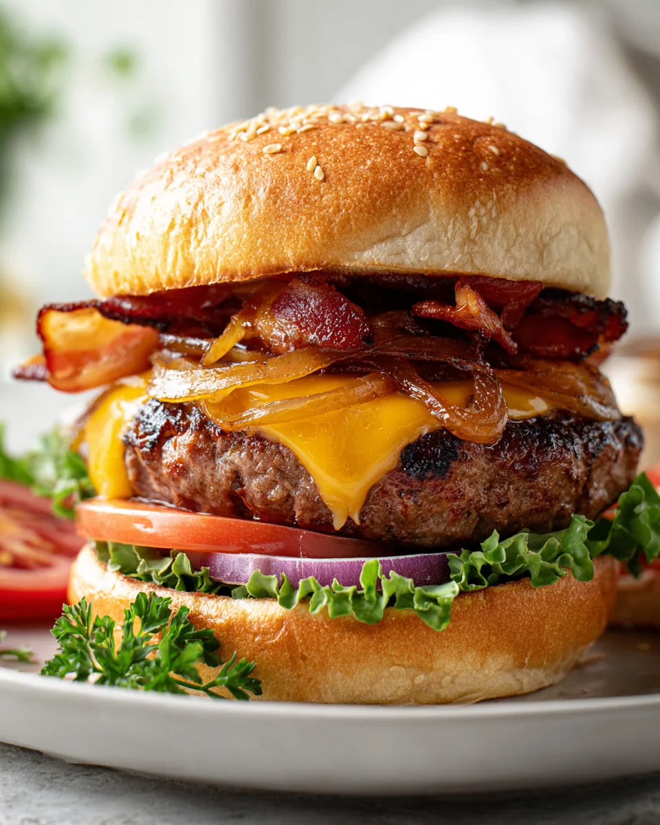 Ultimate Beef Bacon Cheeseburgers with Caramelized Onions
