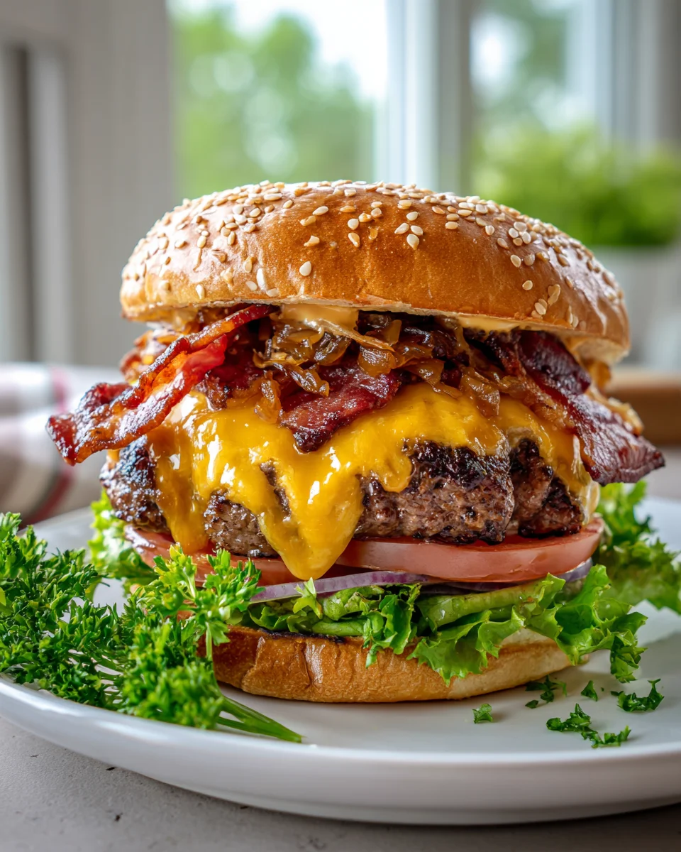 Ultimate Beef Bacon Cheeseburgers with Caramelized Onions