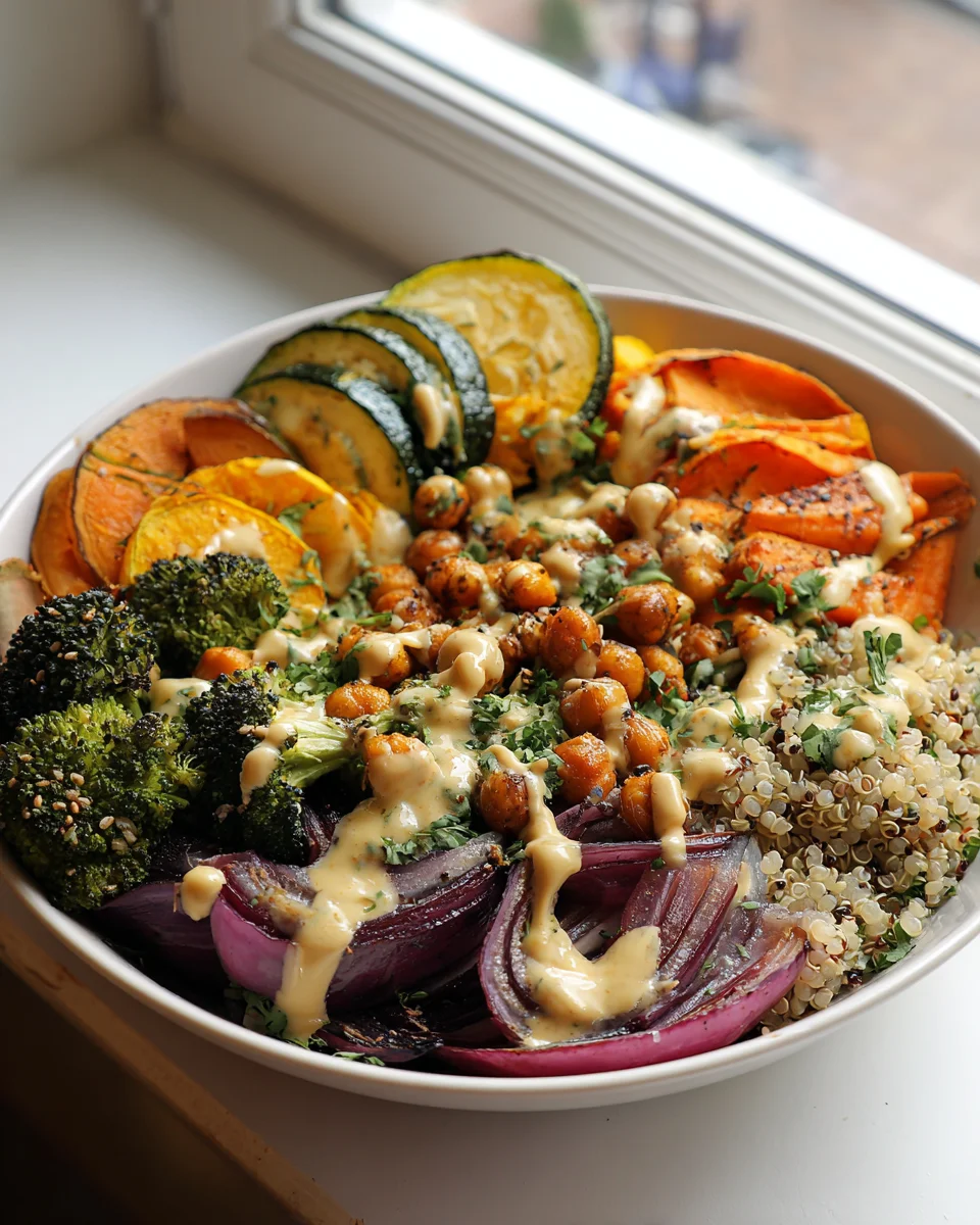 Healthy Roasted Veggie Chickpea Bowls & Maple Dijon Tahini