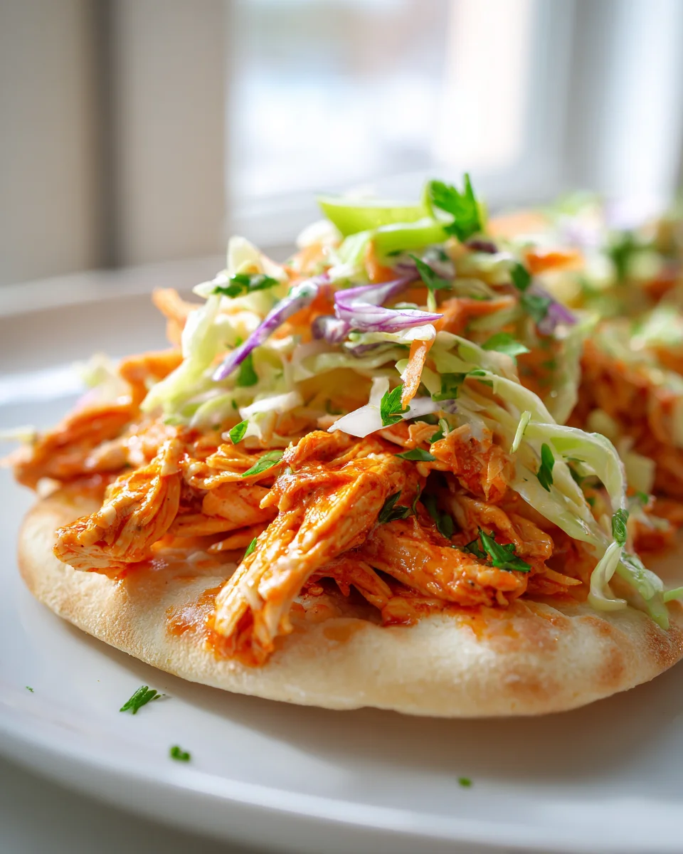 BEST Buffalo Chicken Pitas with Tangy Crunchy Slaw
