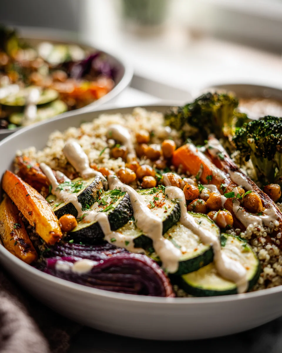 Healthy Roasted Veggie Chickpea Bowls & Maple Dijon Tahini