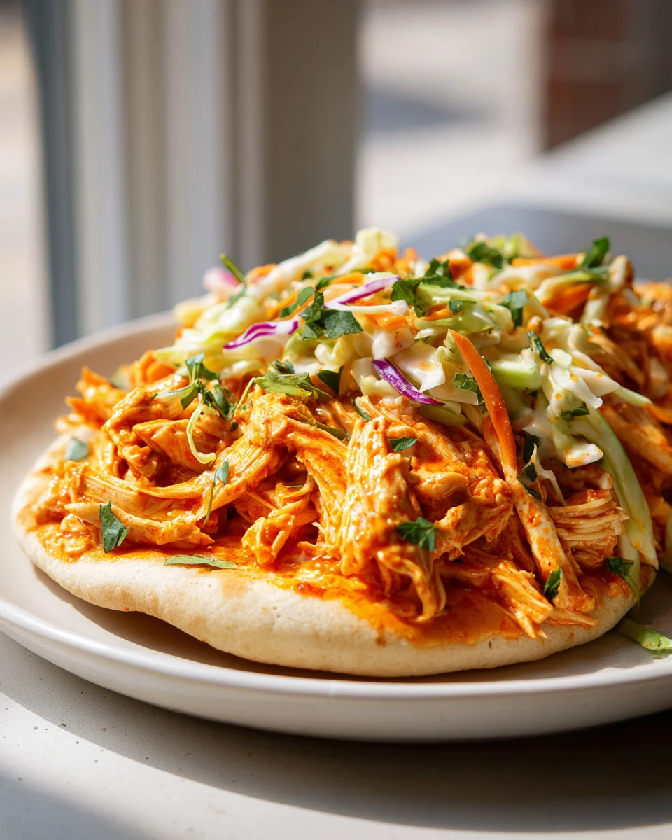 BEST Buffalo Chicken Pitas with Tangy Crunchy Slaw