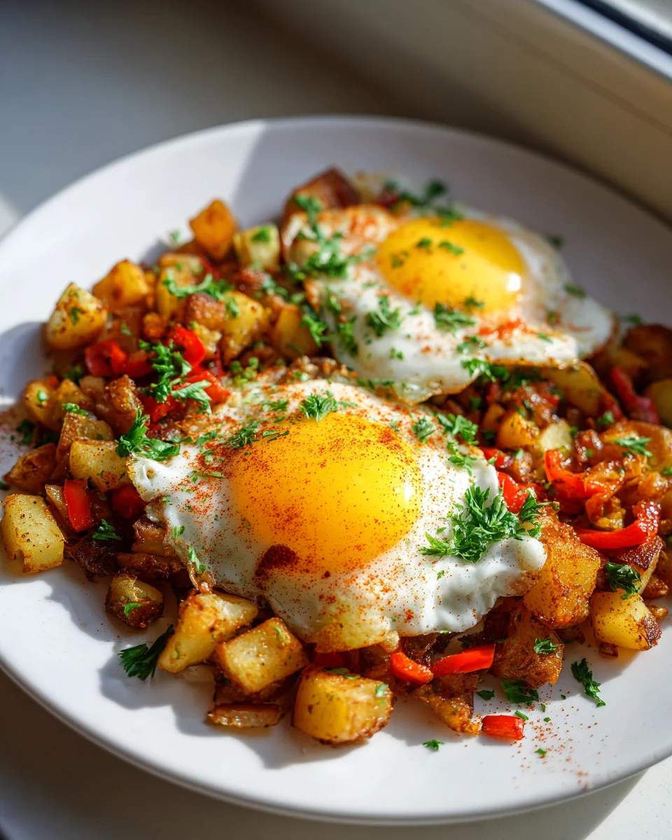 Best Cajun Potato Breakfast Hash & Fried Eggs Quick Meal
