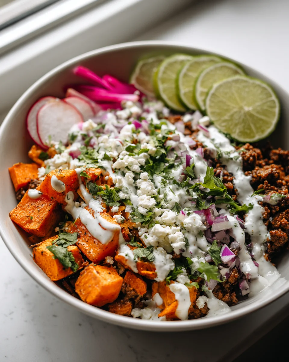 Ground Beef Sweet Potato Taco Bowl with Zesty Lime Crema