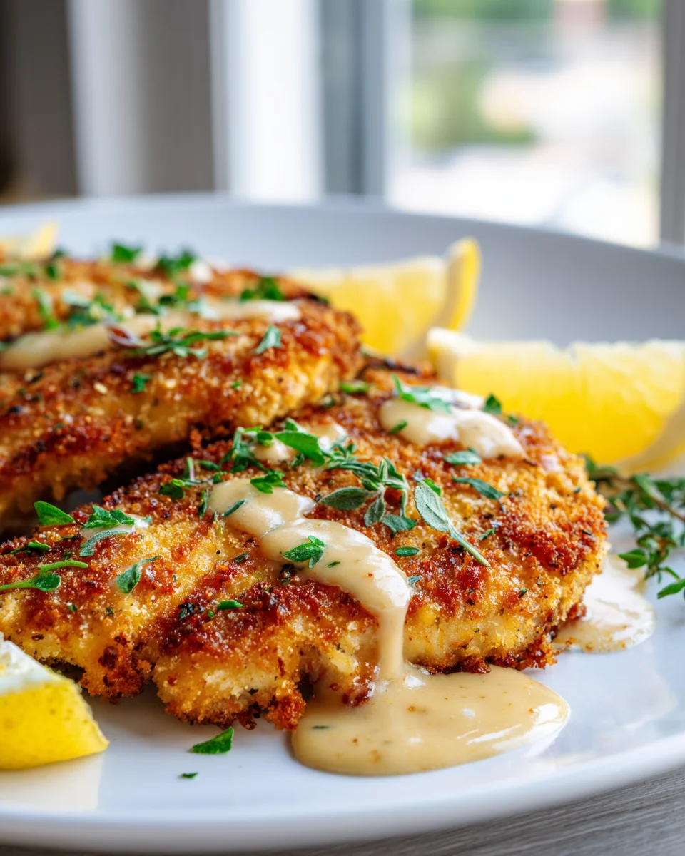 Delicious Crispy Lemon Herb Chicken Cutlets & Dijon Sauce