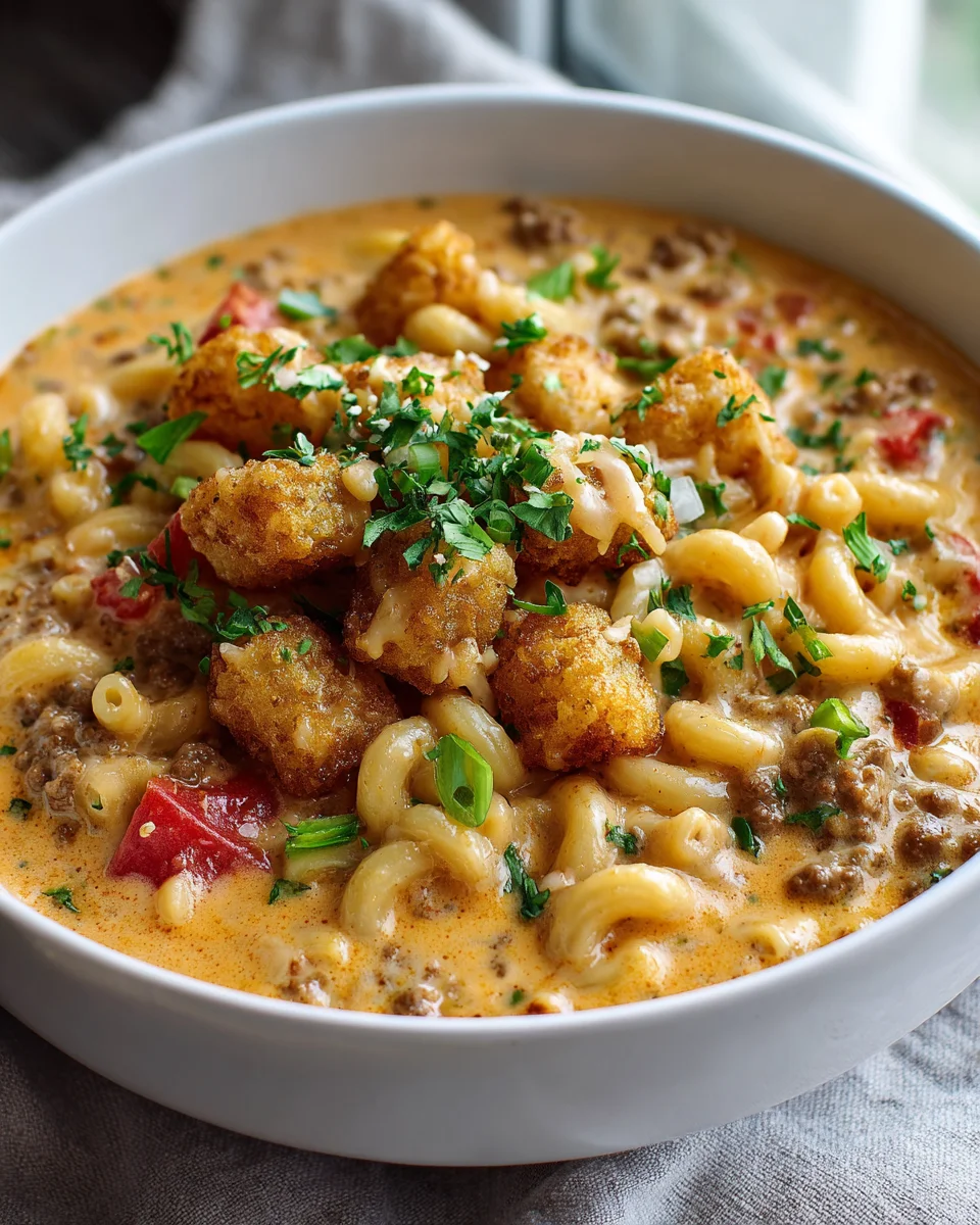 Cheeseburger Pasta Soup with Tater Tots: Comfort in a Bowl!