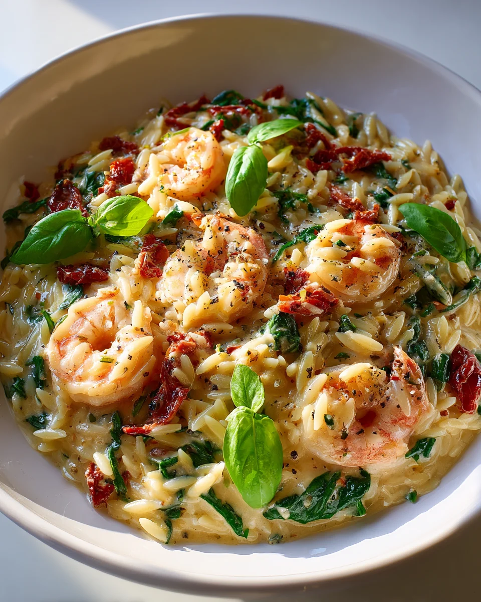 Delicious Creamy Tuscan Shrimp Orzo & Sun-Dried Tomatoes