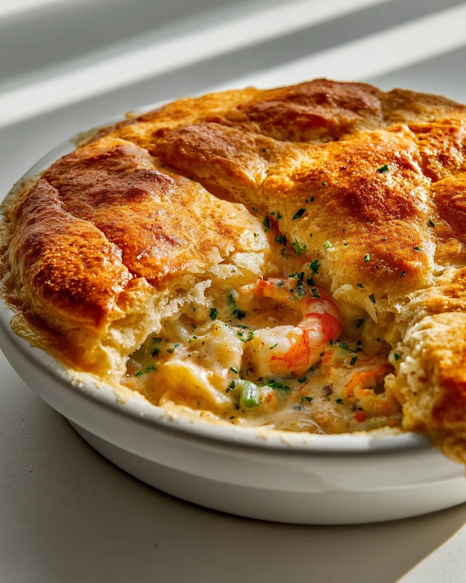 Easy One Pan Cheddar Bay Biscuit Seafood Pot Pie