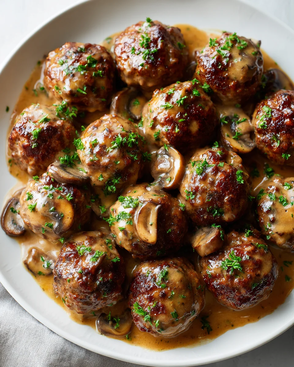 Baked Ground Beef Meatballs with Savory Mushroom Gravy