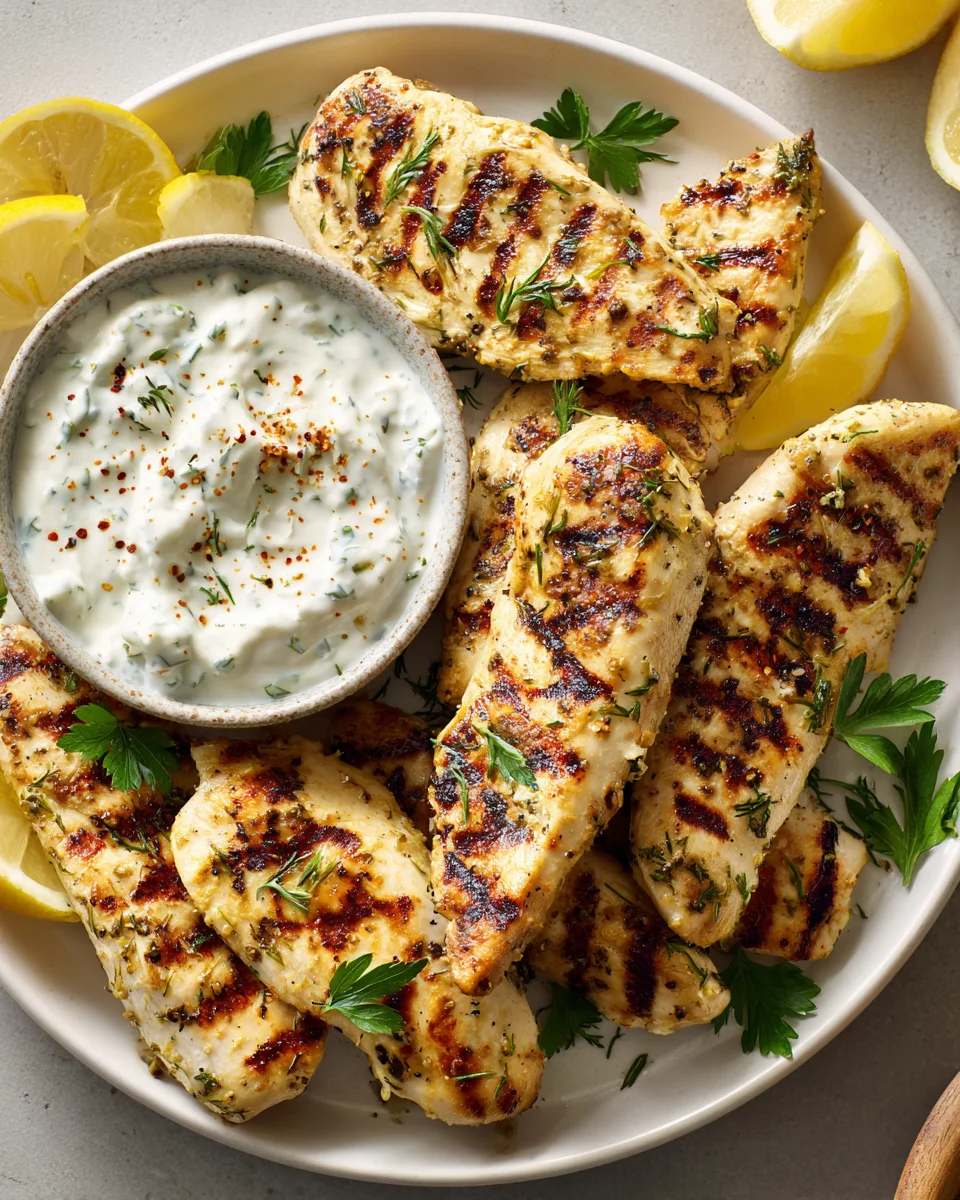 Grilled Greek Chicken Tenders & Garlic Yogurt Sauce
