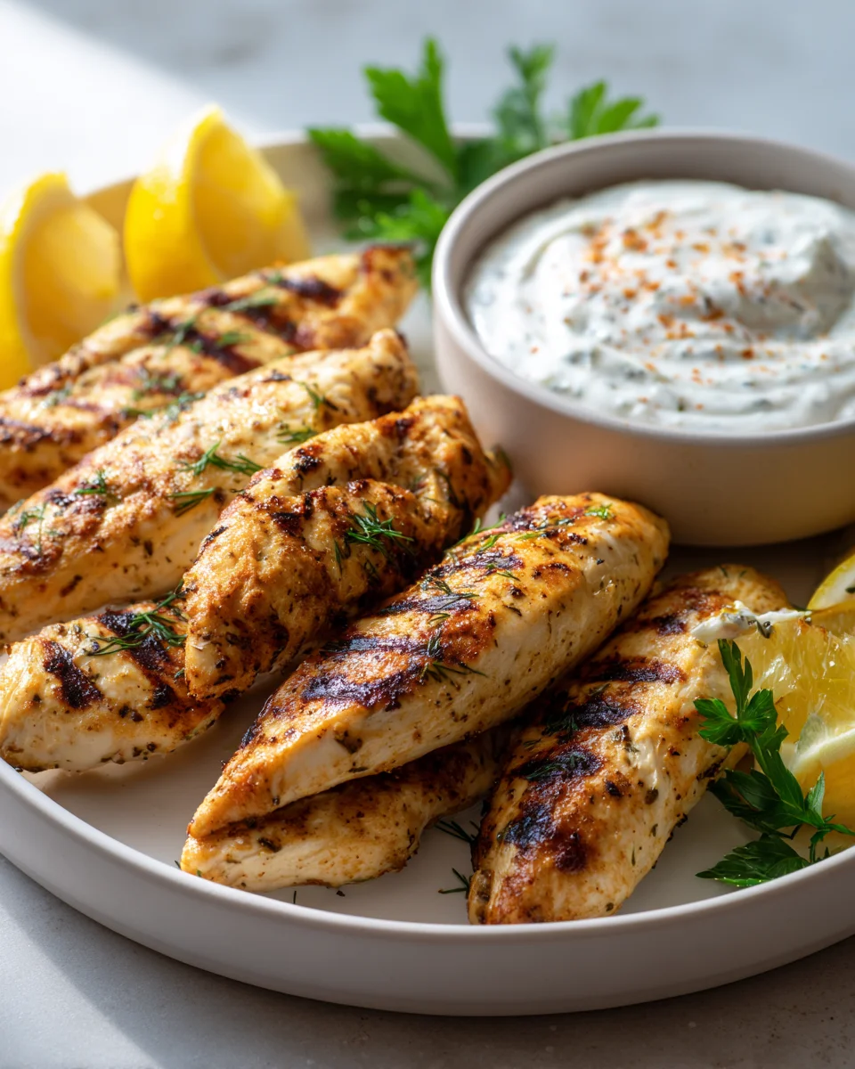 Grilled Greek Chicken Tenders & Garlic Yogurt Sauce