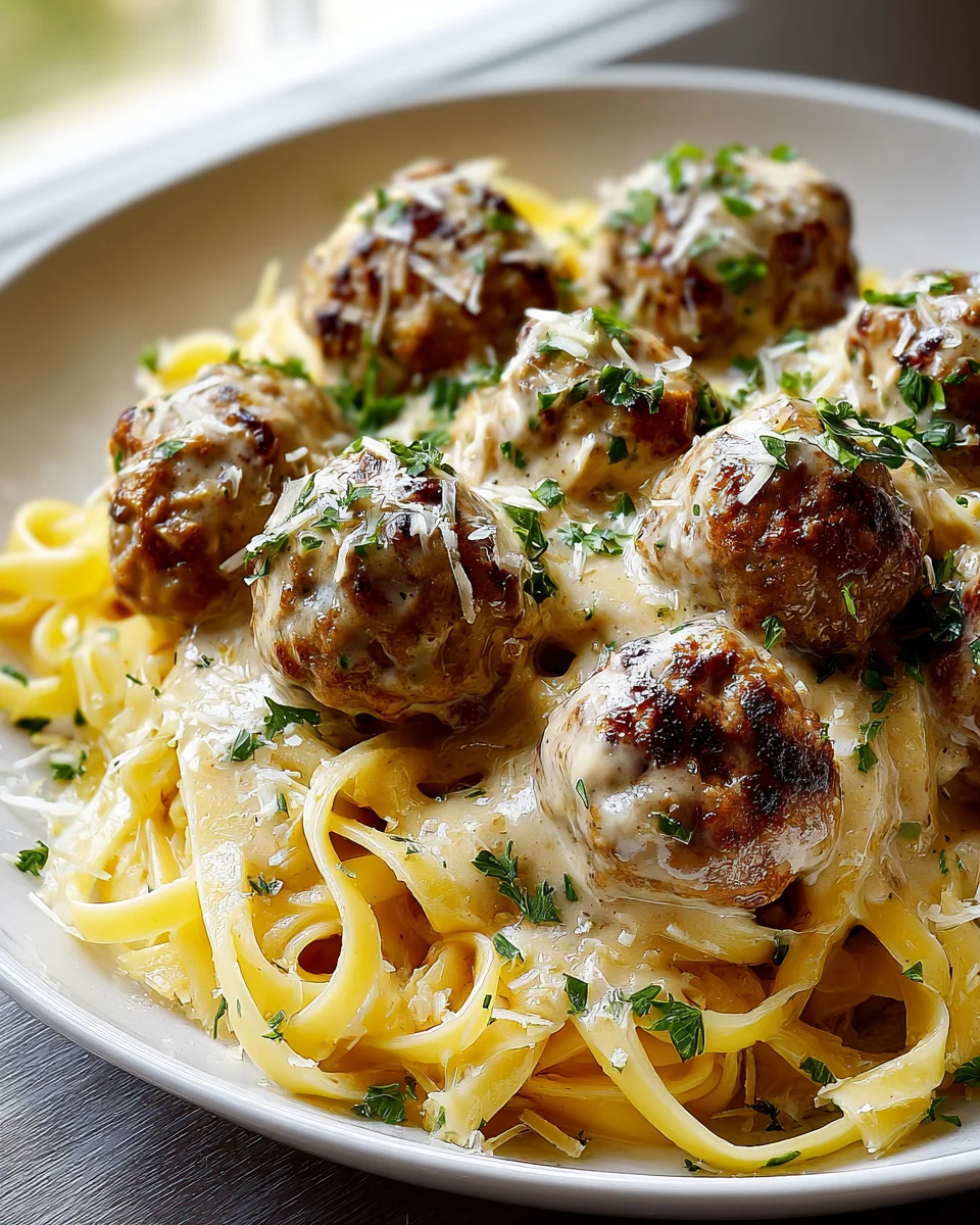 Easy Garlic Butter Meatballs with Creamy Parmesan Linguine