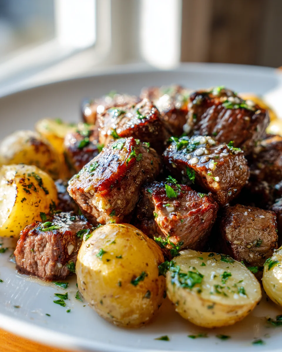 Savory Air Fryer Garlic Butter Steak Bites with Potatoes