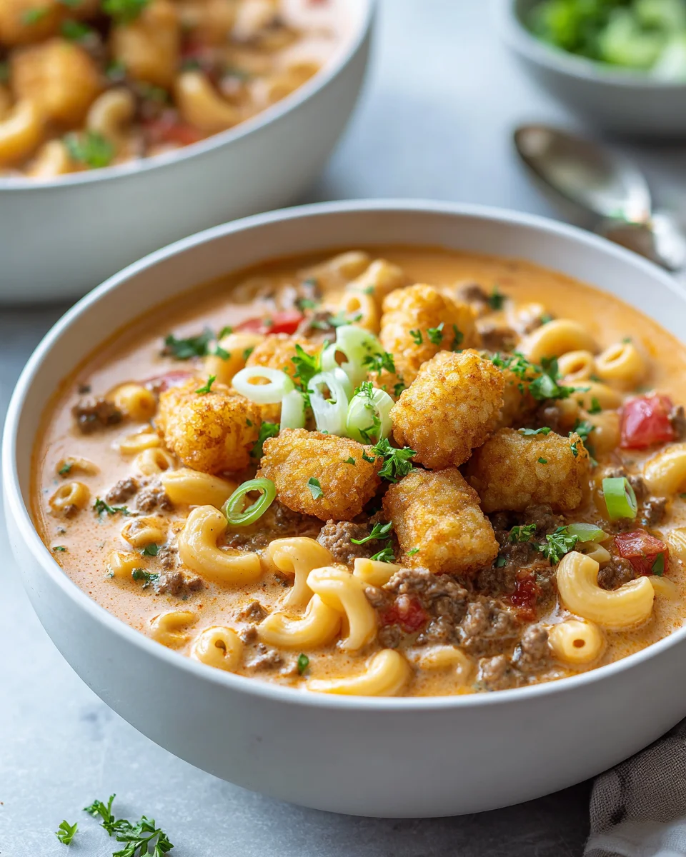 Cheeseburger Pasta Soup with Tater Tots: Comfort in a Bowl!