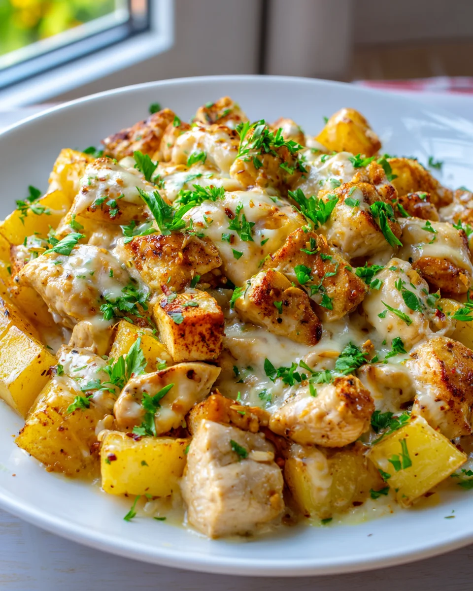 High Protein Creamy Garlic Cheesy Chicken & Potatoes Recipe