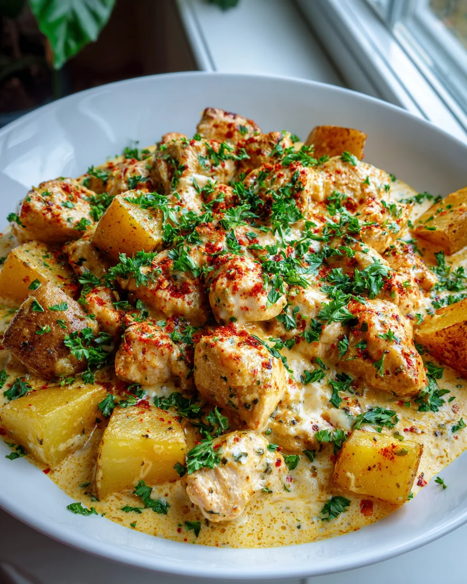 High Protein Creamy Garlic Cheesy Chicken & Potatoes Recipe