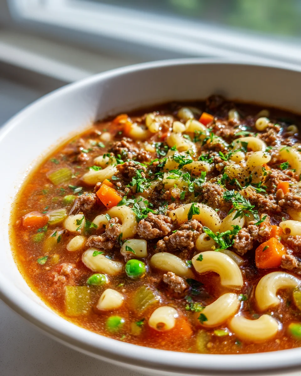 Hearty Chunky Beef Hamburger & Macaroni Soup Recipe