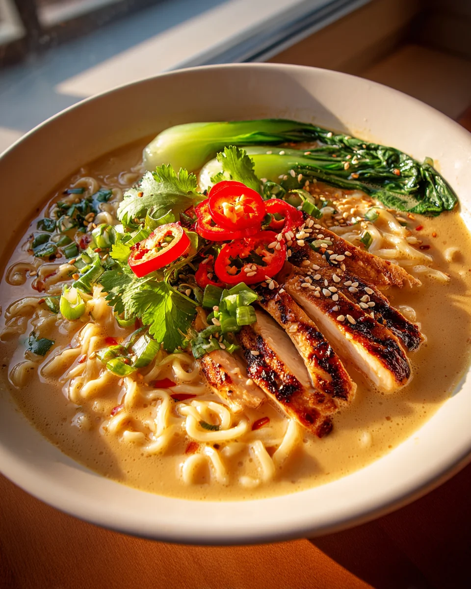 Fiery Thai Chicken Ramen with Creamy Garlic Broth Recipe
