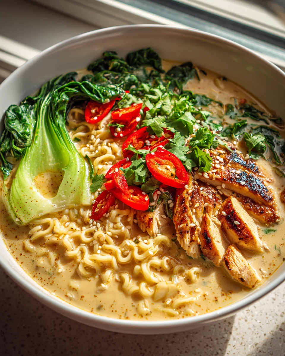 Fiery Thai Chicken Ramen with Creamy Garlic Broth Recipe