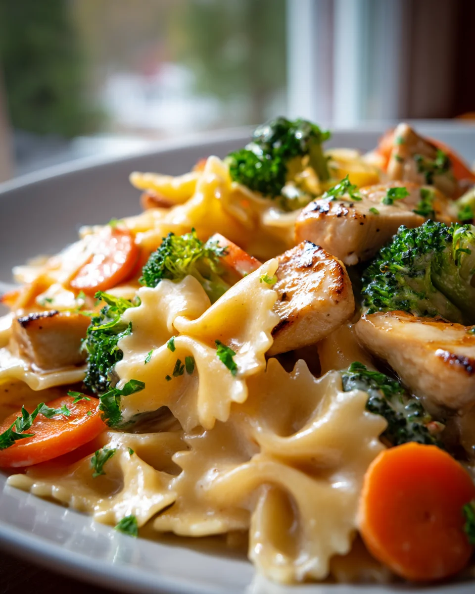 Creamy Cheddar Havarti Chicken Bowtie Pasta & Roasted Veg