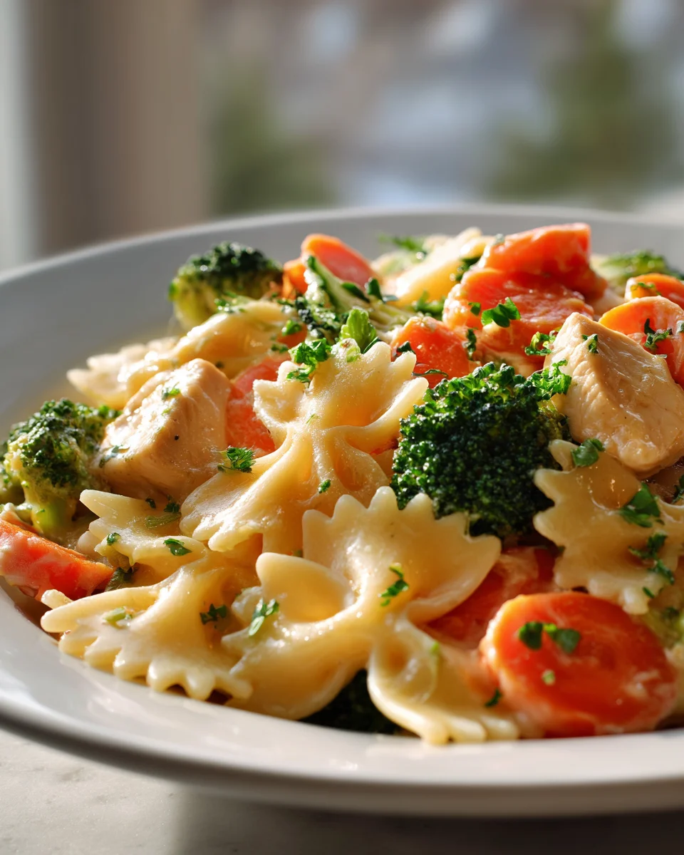 Creamy Cheddar Havarti Chicken Bowtie Pasta & Roasted Veg