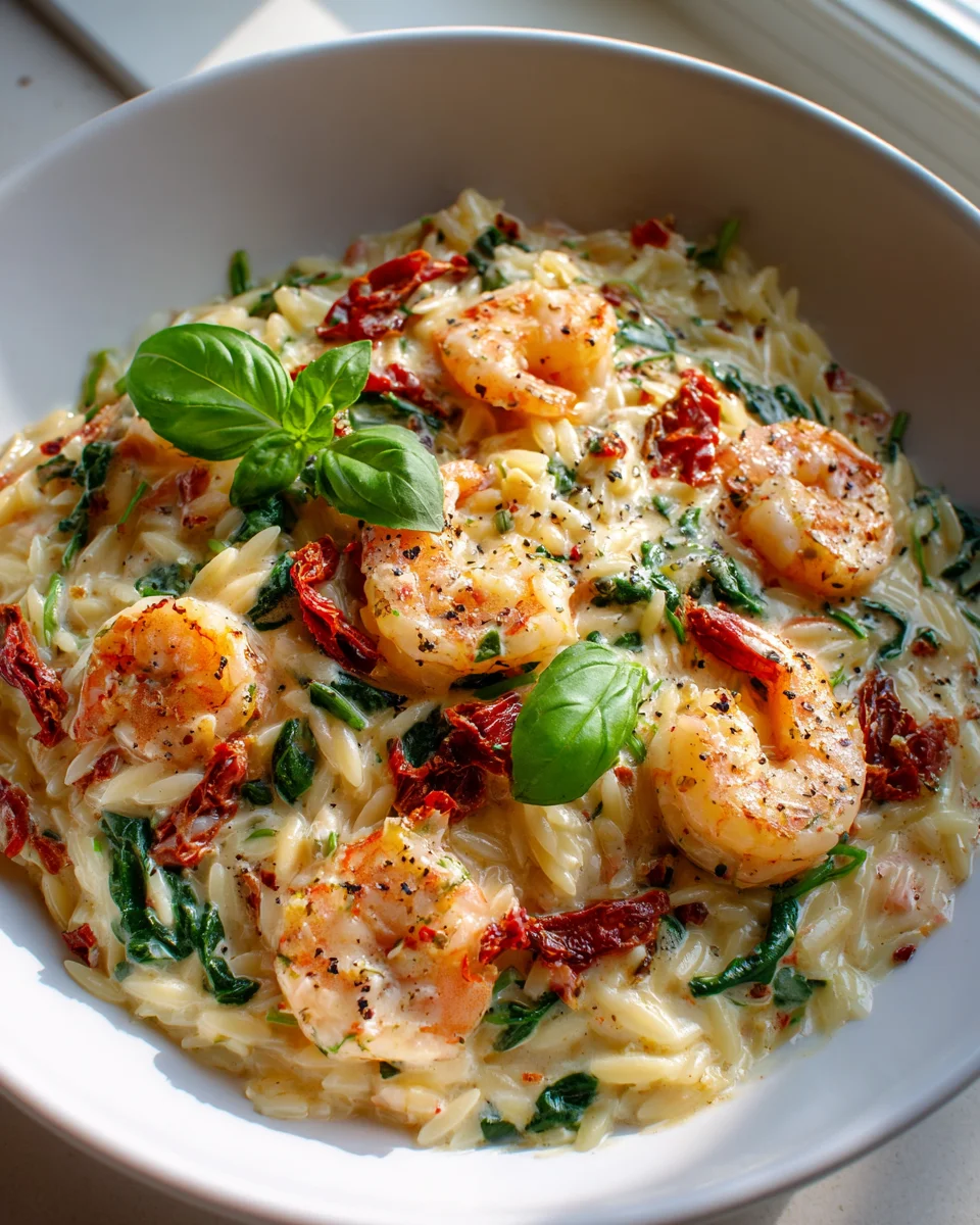 Delicious Creamy Tuscan Shrimp Orzo & Sun-Dried Tomatoes