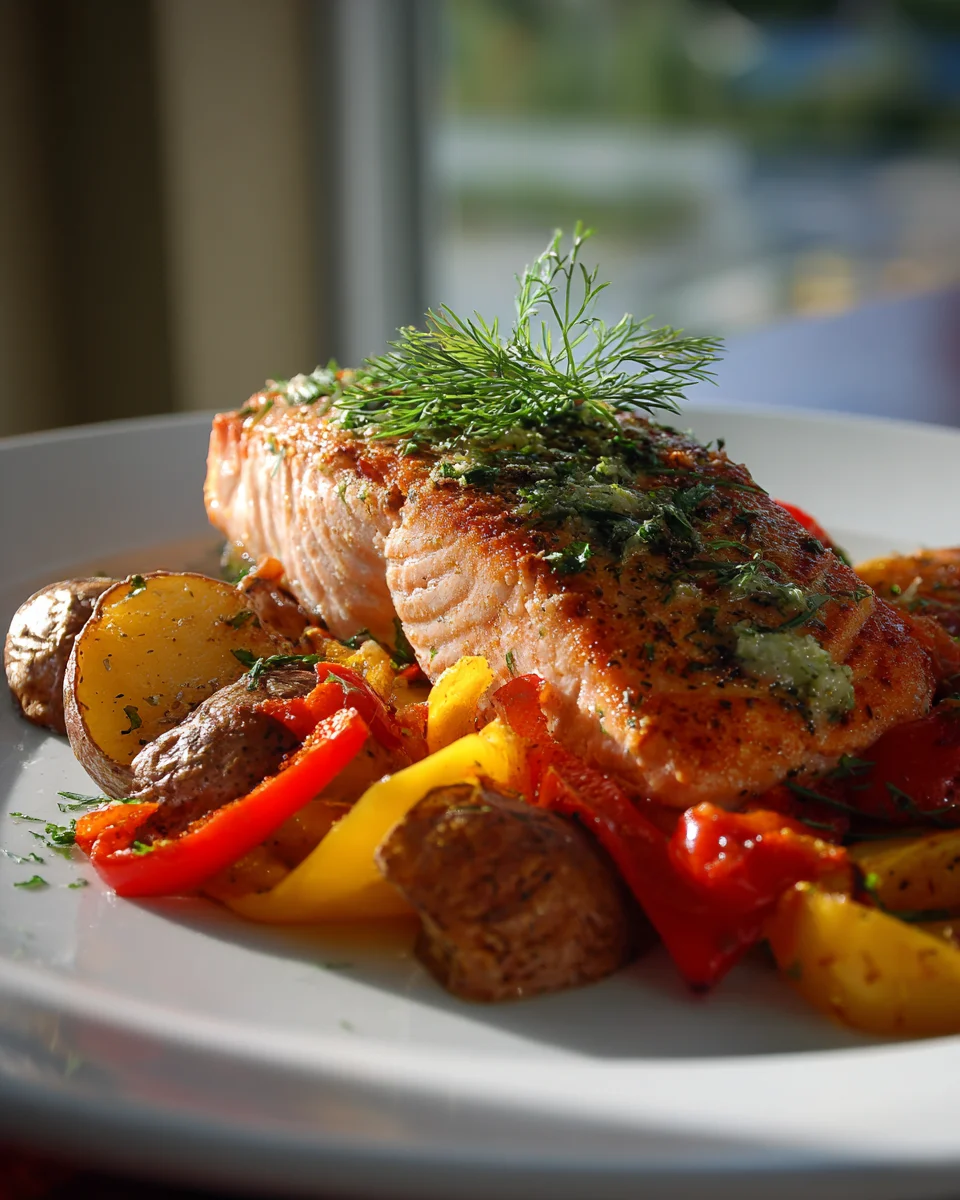 Mediterranean Salmon Recipe with Herbed Potatoes & Peppers