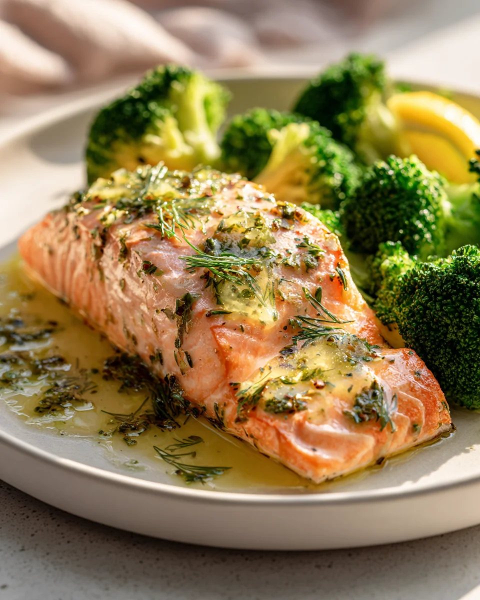 Baked Salmon with Broccoli & Lemon Herb Sauce Recipe